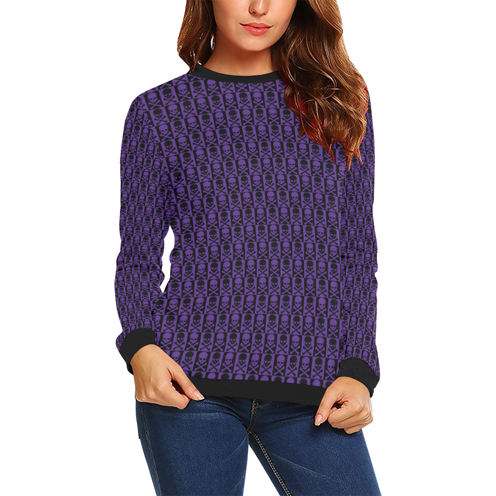 Gothic style Purple & Black Skulls All Over Print Crewneck Sweatshirt for Women (Model H18)