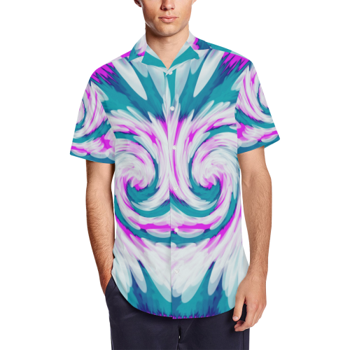 Turquoise Pink Tie Dye Swirl Abstract Men's Short Sleeve Shirt with Lapel Collar (Model T54)