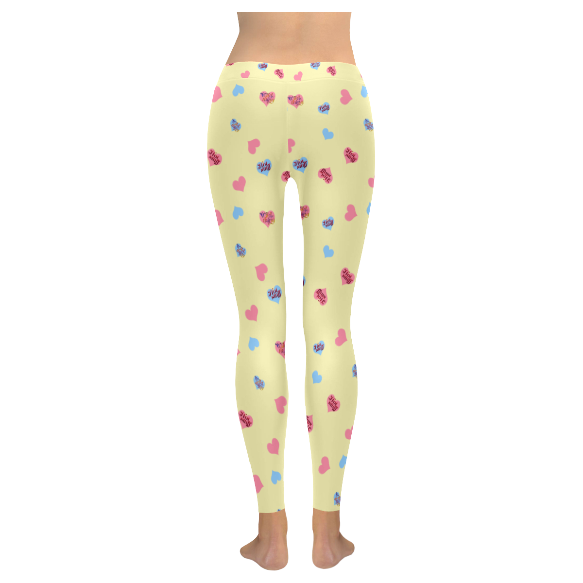 Pink-Blue Hearts-Wild Thing-Hot Stuff on Yellow Women's Low Rise Leggings (Invisible Stitch) (Model L05)