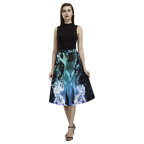Awesome wolf with flowers Aoede Crepe Skirt (Model D16)