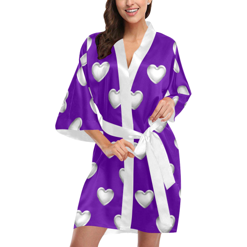 Silver 3-D Look Valentine Love Hearts on Purple Kimono Robe