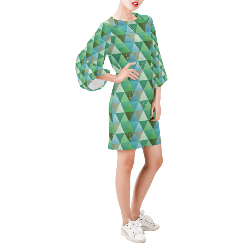 Triangle Pattern - Green Teal Khaki Moss Bell Sleeve Dress (Model D52)