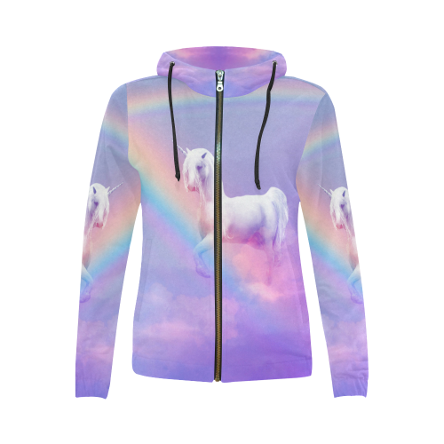 Unicorn and Rainbow All Over Print Full Zip Hoodie for Women (Model H14)