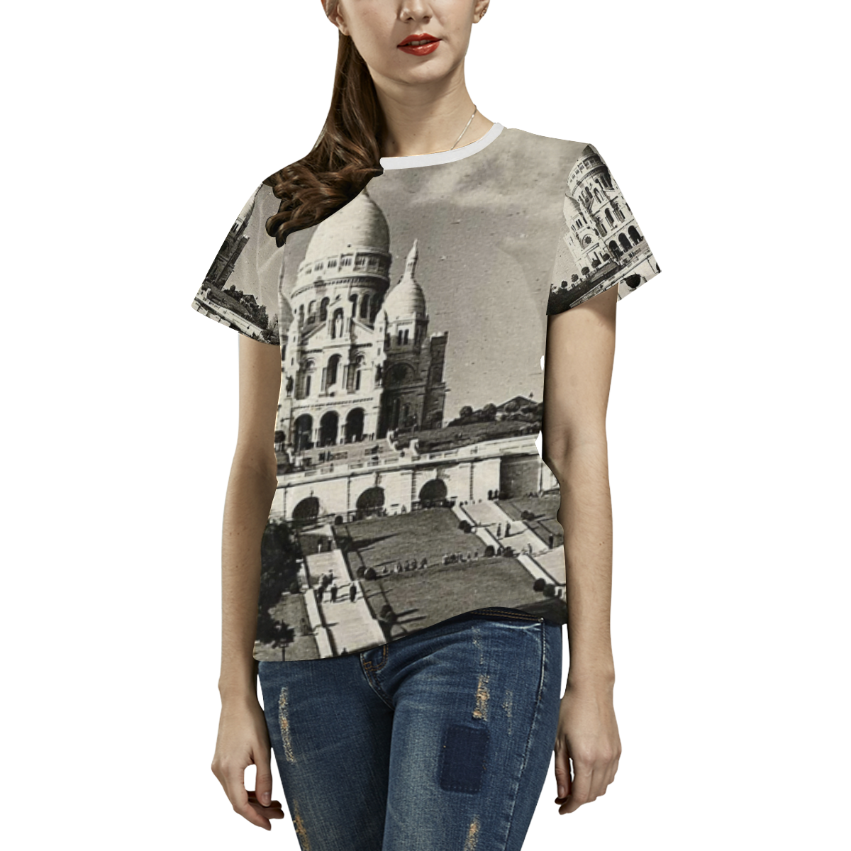 Vintage Sacre Coeur in Paris Photo All Over Print T-shirt for Women/Large Size (USA Size) (Model T40)
