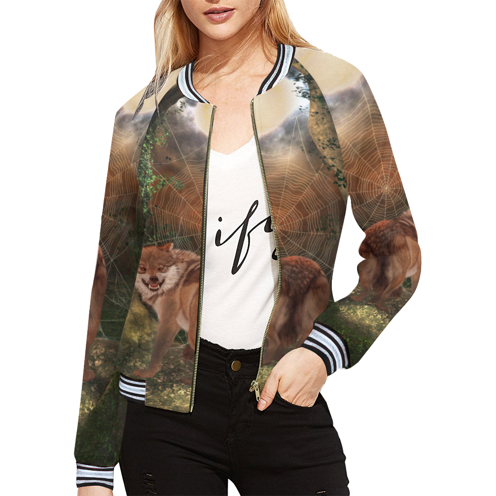 Awesome wolf in the night All Over Print Bomber Jacket for Women (Model H21)