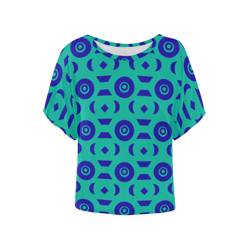 Blue Geometric Shapes in Turquoise Women's Batwing-Sleeved Blouse T shirt (Model T44)
