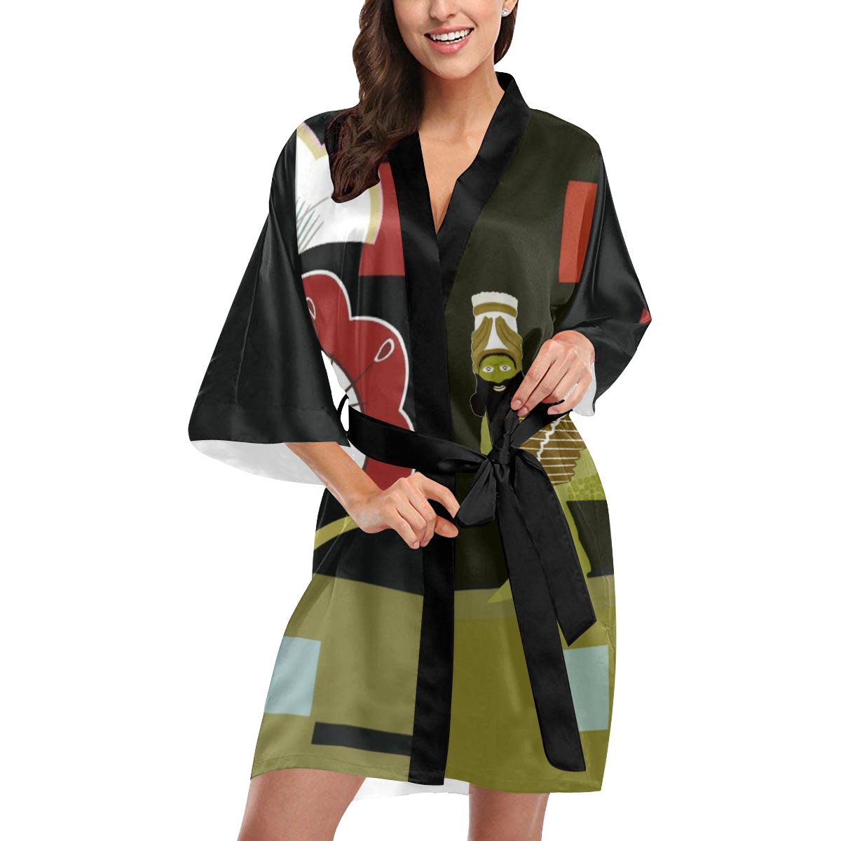 Elegant Green Lamassu Kimono Robe