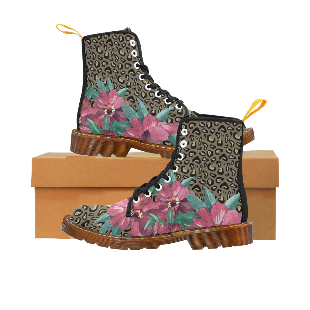 Flowers on Cheetah Print Martin Boots For Women Model 1203H