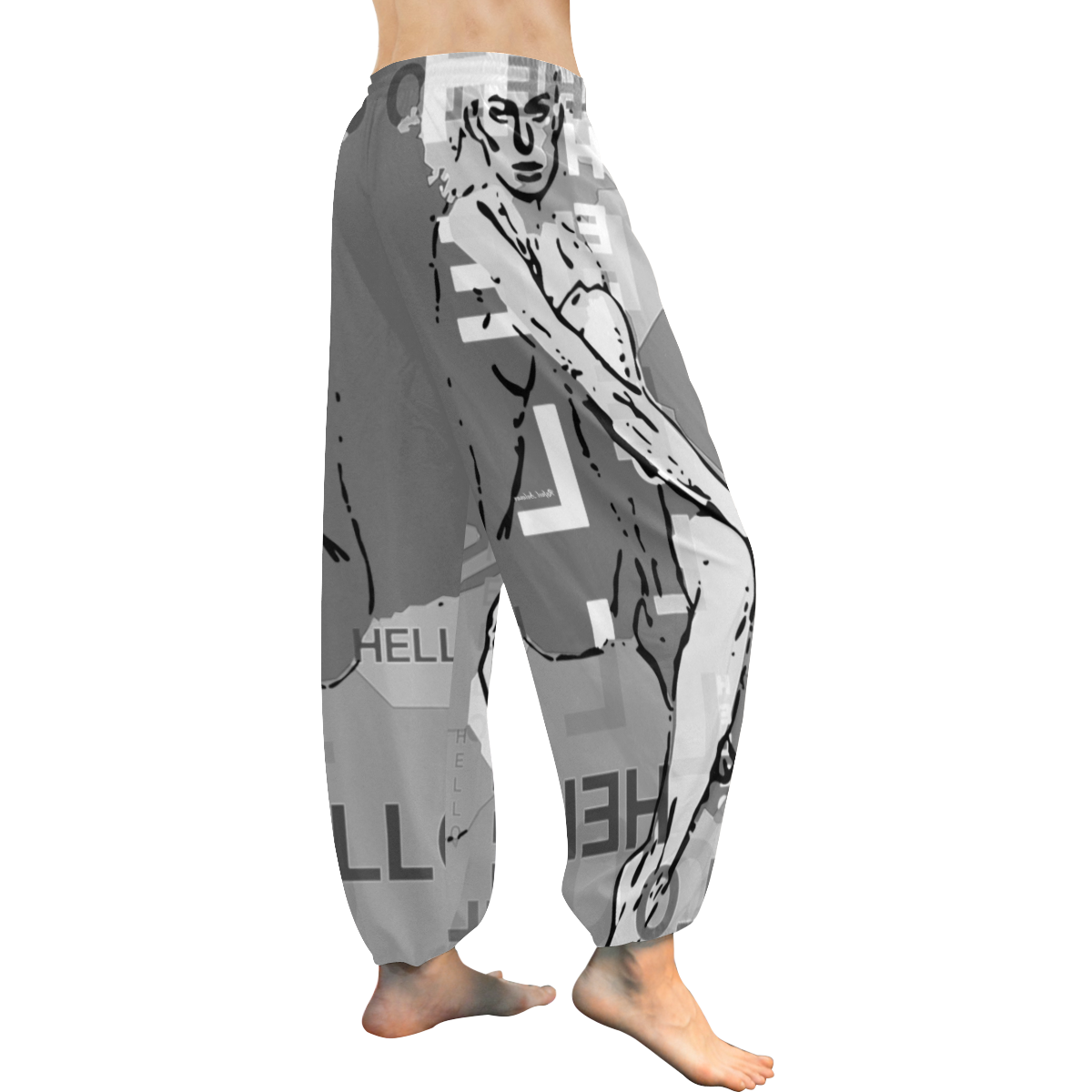 Adeles Hello in Black and White Women's All Over Print Harem Pants (Model L18)