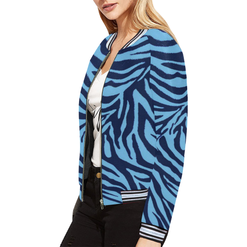 zebra 3 blue animal print stripe All Over Print Bomber Jacket for Women (Model H21)