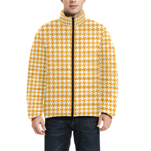 Friendly Houndstooth Pattern, orange by FeelGood Men's Stand Collar Padded Jacket (Model H41)