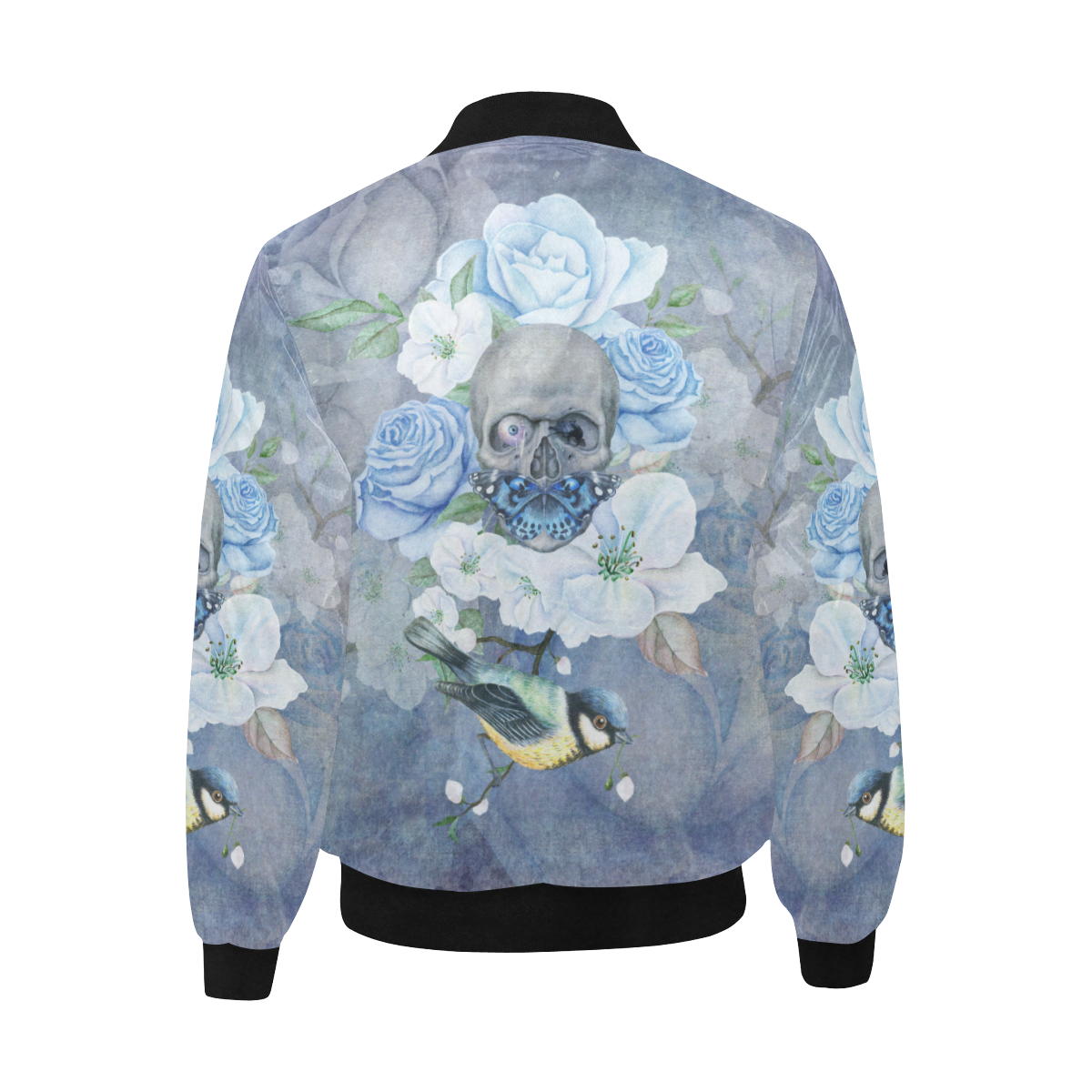 Gothic Skull With Butterfly All Over Print Quilted Bomber Jacket for Men (Model H33)