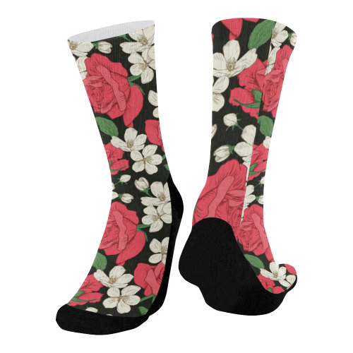 Pink, White and Black Floral Mid-Calf Socks (Black Sole)
