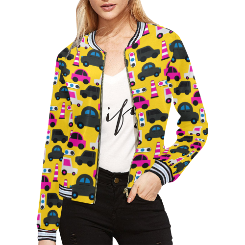 toy cars yellow All Over Print Bomber Jacket for Women (Model H21)