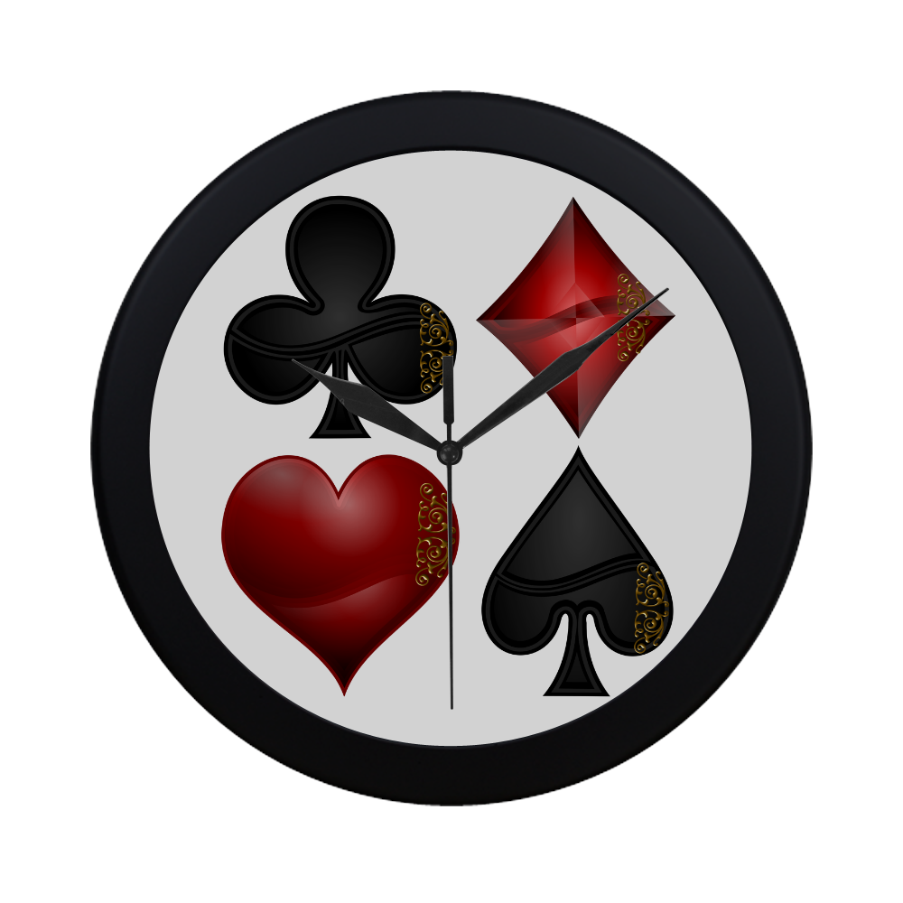 Las Vegas Black and Red Casino Poker Card Shapes  (White/Black Frame) Circular Plastic Wall clock