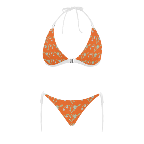 Orange Floral Pattern Bikini Buckle Front Halter Bikini Swimsuit (Model S08)