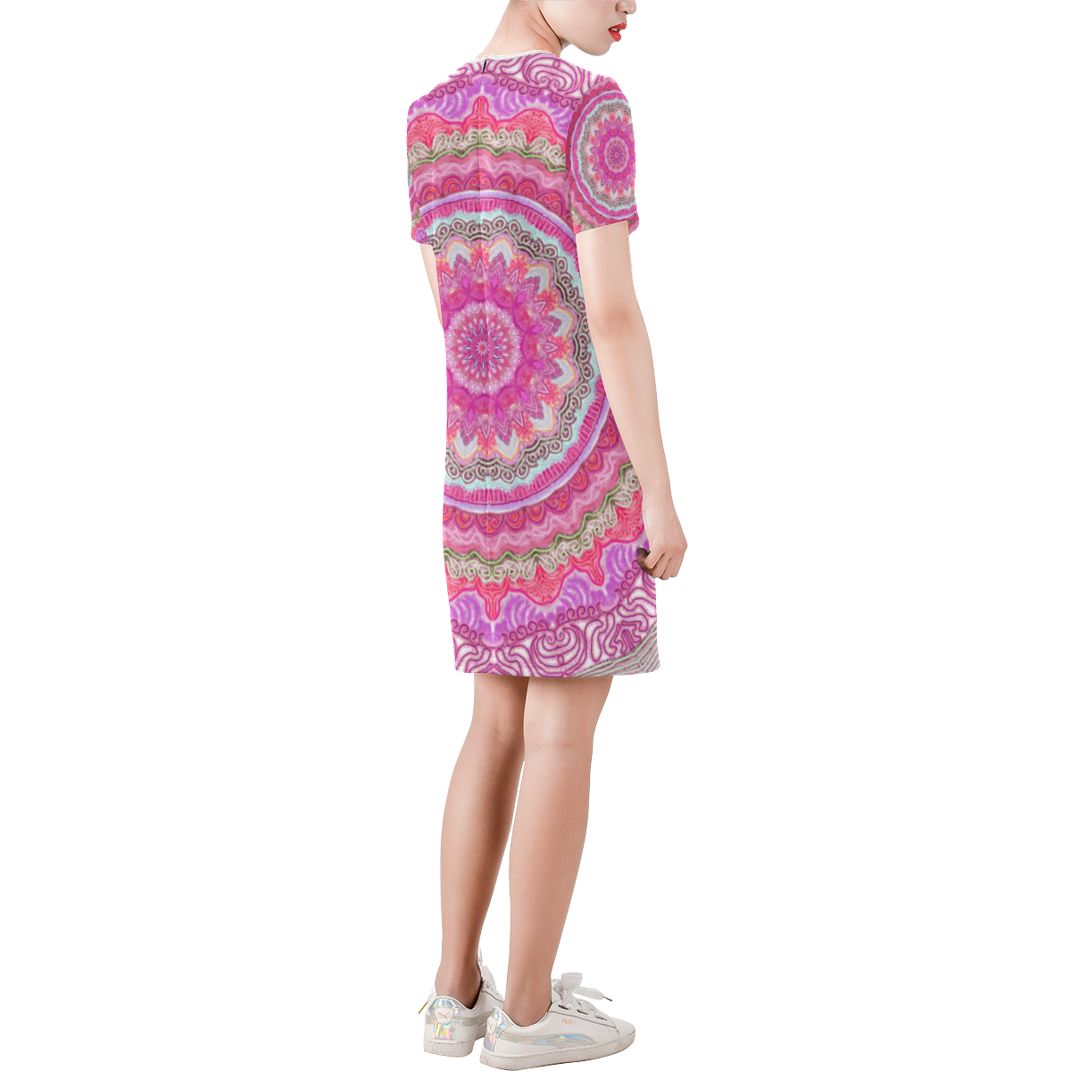 mandala neon 7 Short-Sleeve Round Neck A-Line Dress (Model D47)