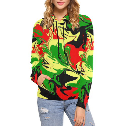 Red, Yellow, Black and Green Swirls 3358 All Over Print Hoodie for Women (USA Size) (Model H13)