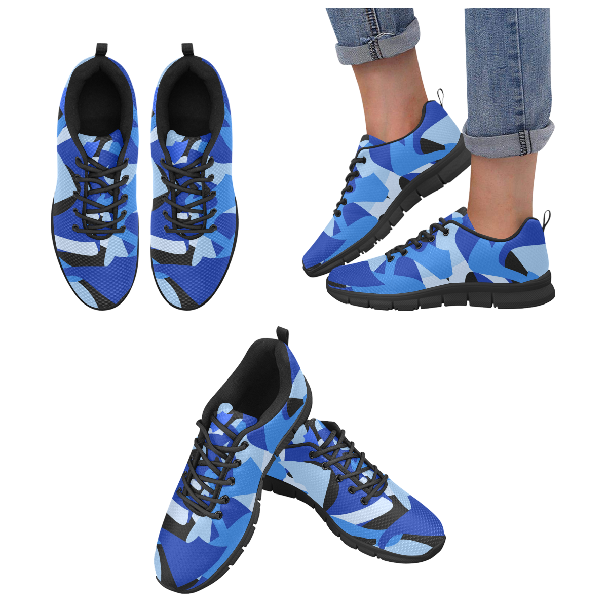 Camouflage Abstract Blue and Black Women's Breathable Running Shoes/Large (Model 055)