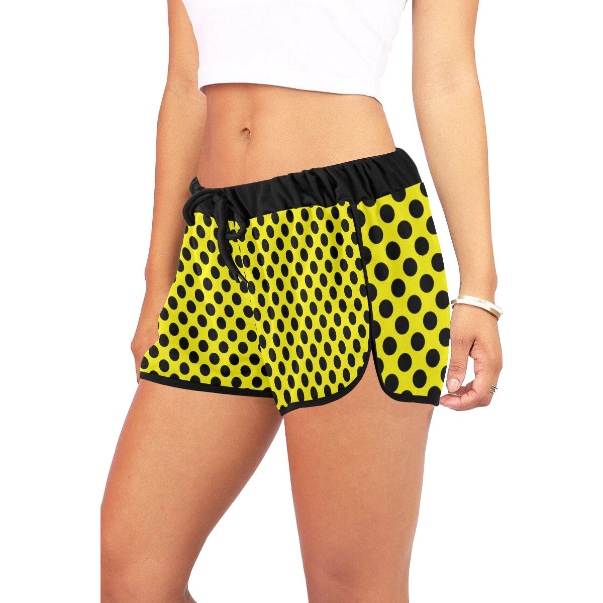 Black Polka Dots on Yellow Women's All Over Print Relaxed Shorts (Model L19)