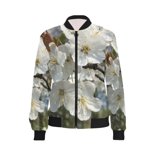 white flower All Over Print Bomber Jacket for Women (Model H36)