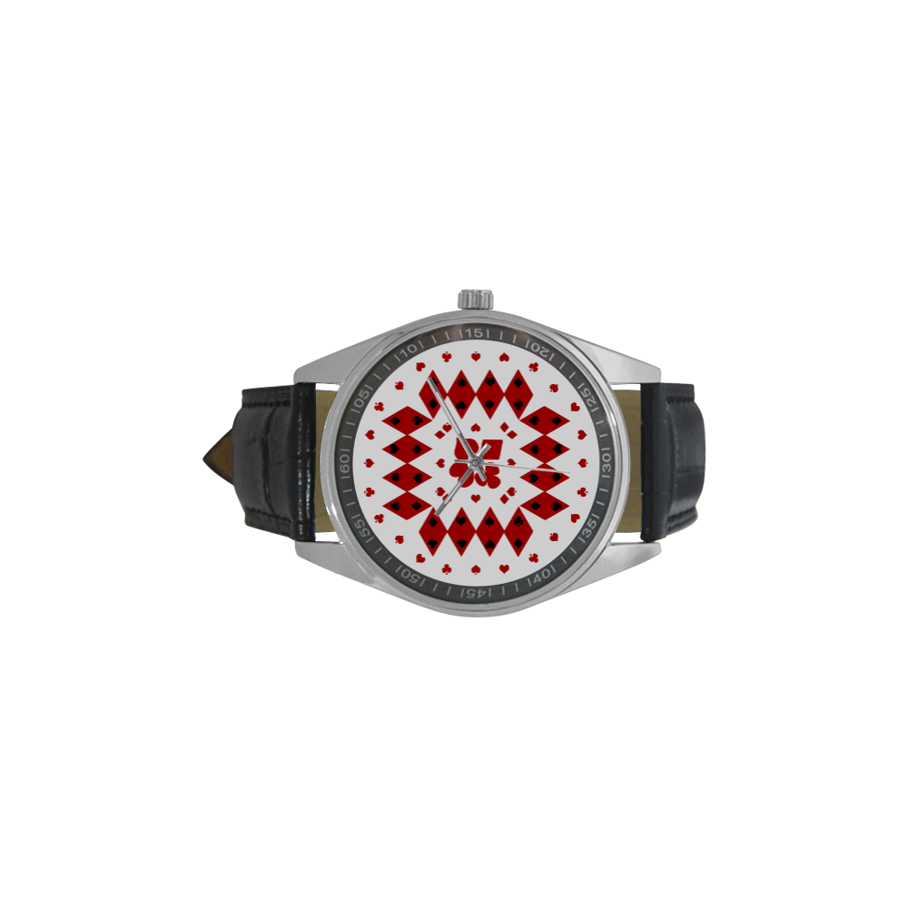 Black and Red Playing Card Shapes (White) Men's Casual Leather Strap Watch(Model 211)
