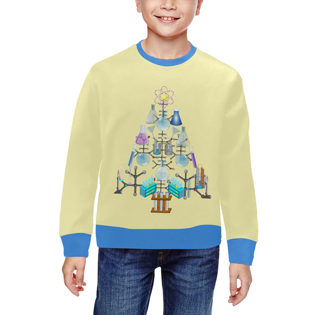 Oh Chemist Tree, Oh Chemistry, Science Christmas Blue and Yellow All Over Print Crewneck Sweatshirt for Kids (Model H29)
