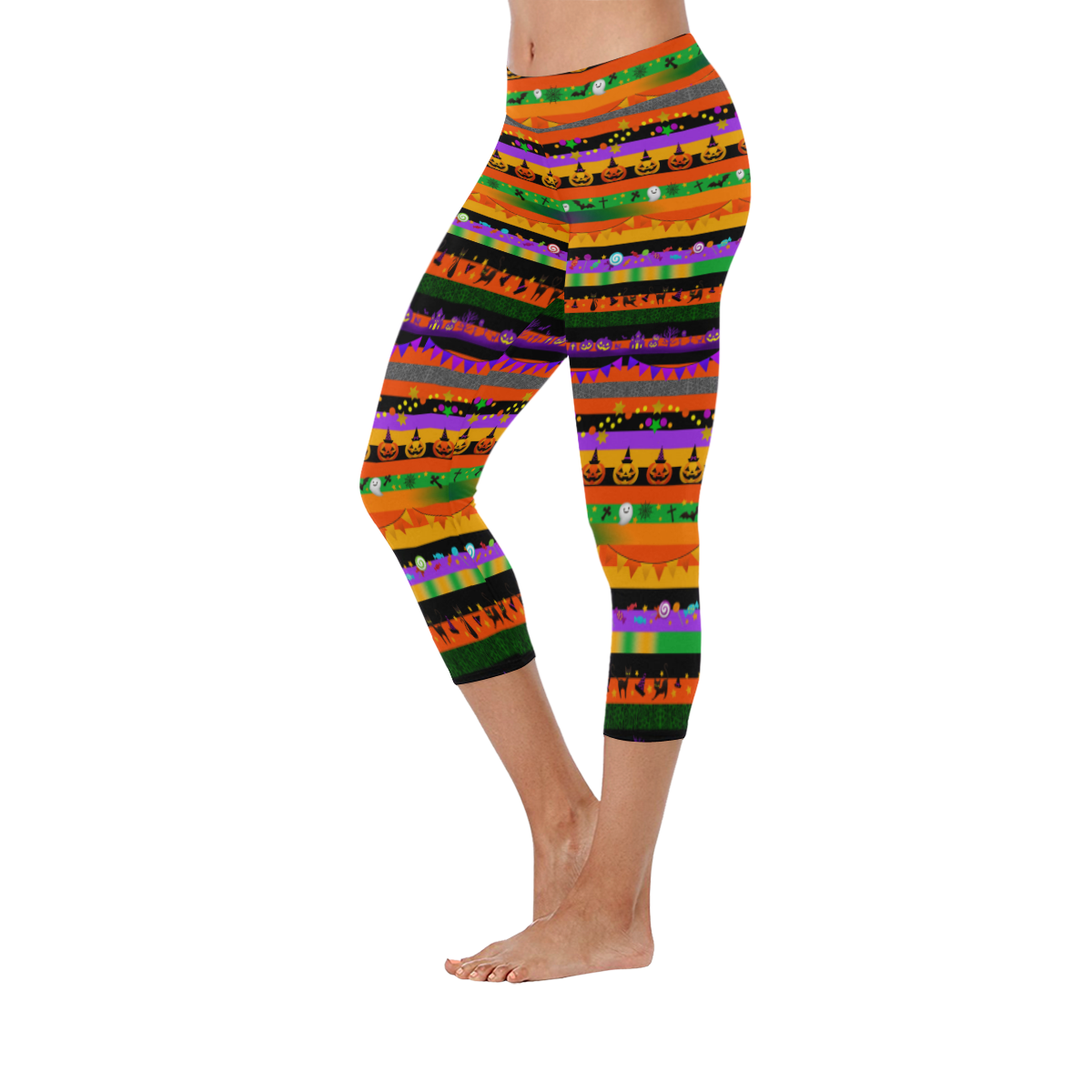 Halloween Icons Striped Women's Low Rise Capri Leggings (Invisible Stitch) (Model L08)