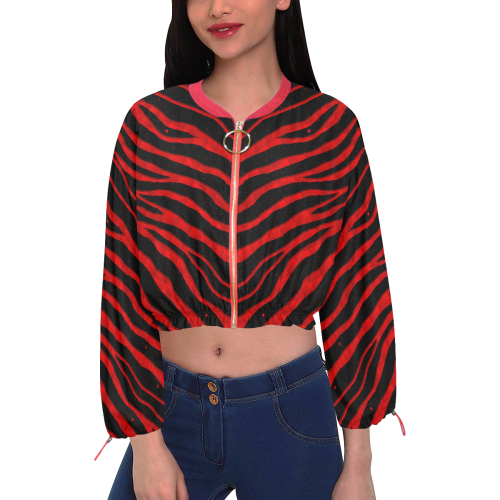 Ripped SpaceTime Stripes - Red Cropped Chiffon Jacket for Women (Model H30)