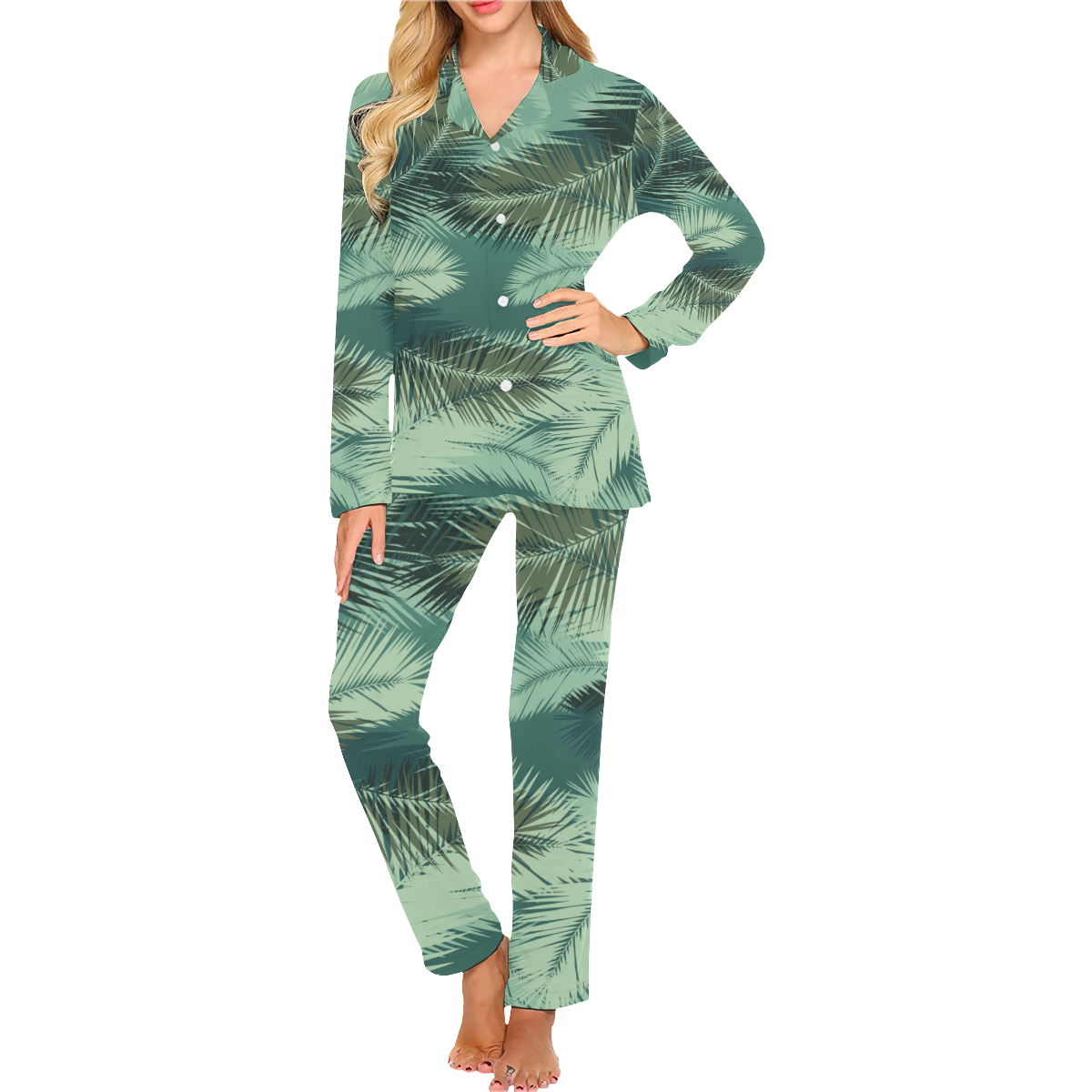 Green Planet Palm Leaf Pattern Women's Long Pajama Set