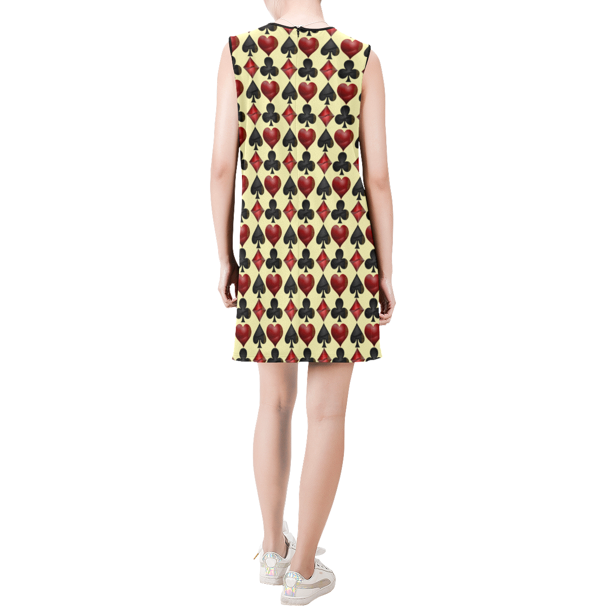 Las Vegas Black and Red Poker Casino Card Shapes on Yellow Sleeveless Round Neck Shift Dress (Model D51)