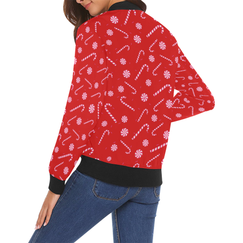 Candy CANE CHRISTMAS Pattern RED All Over Print Bomber Jacket for Women (Model H19)