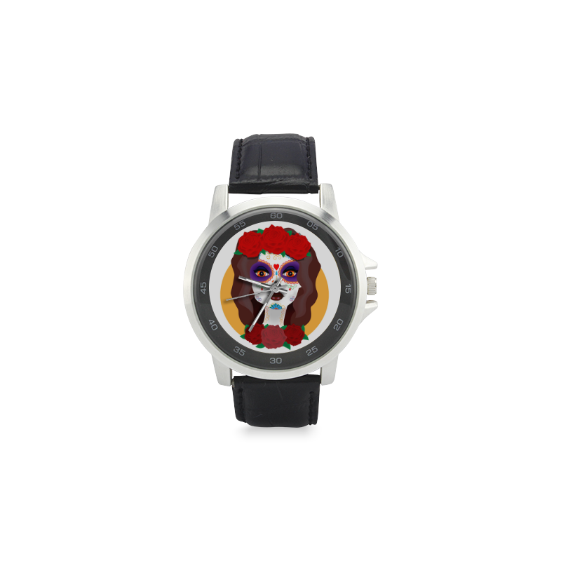 Creepy Floral Girl Unisex Stainless Steel Leather Strap Watch(Model 202)