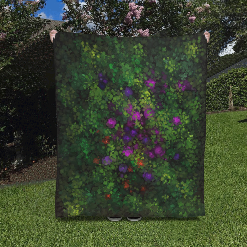 Wild Rose Garden, Oil painting. Red, purple, green Quilt 50"x60"