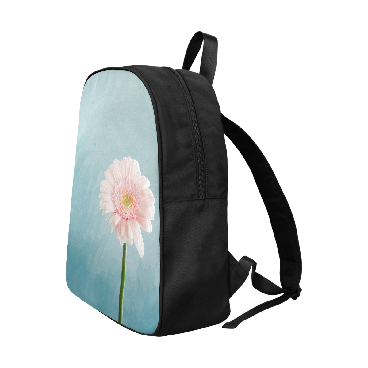 Gerbera Daisy - Pink Flower on Watercolor Blue Fabric School Backpack (Model 1682) (Large)
