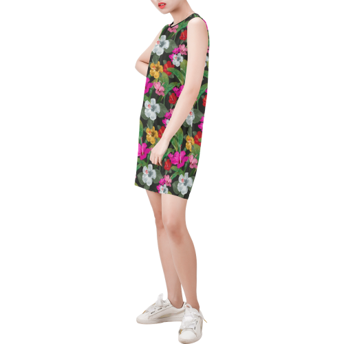 Tropical Gumamela Floral Sleeveless Round Neck Shift Dress (Model D51)
