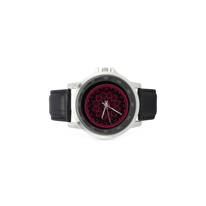 mandala rojo chakra muladhara: aumenta la autoestima, Unisex Stainless Steel Leather Strap Watch(Model 202)
