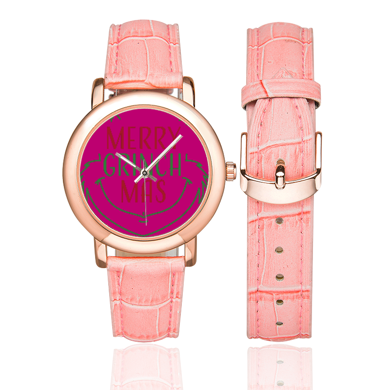 Merry Grinchmas CHRISTMAS PINK Women's Rose Gold Leather Strap Watch(Model 201)