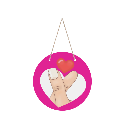 Finger Heart on Pink Round Wood Door Hanging Sign