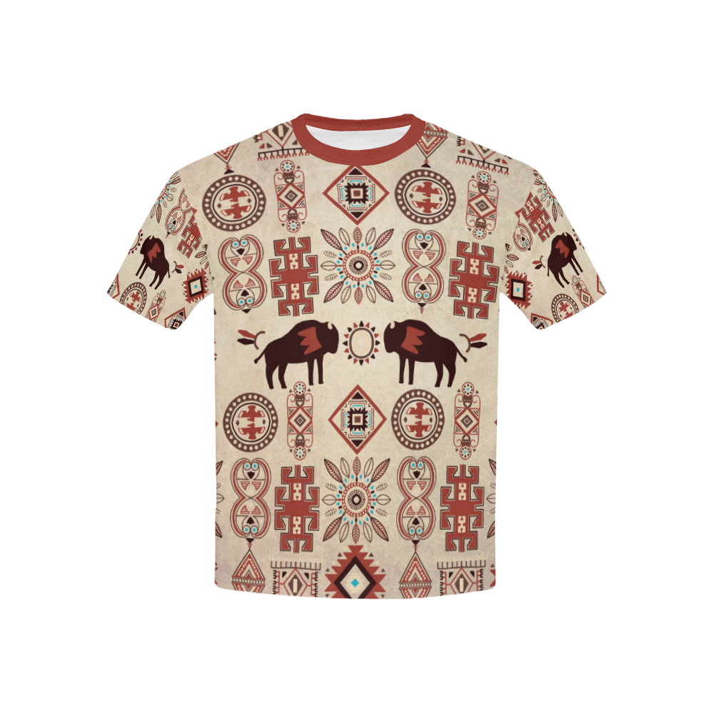 American Native Buffalo Kids' All Over Print T-Shirt with Solid Color Neck (Model T40)
