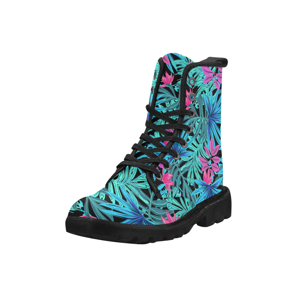 Tropical Aqua And Pink Leaves Martin Boots for Women (Black) (Model 1203H)