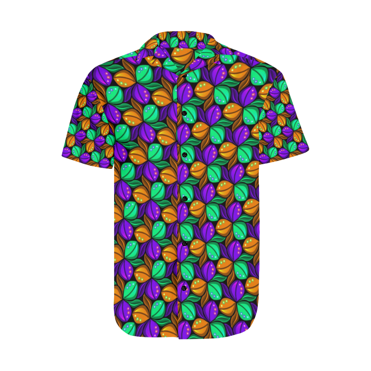 Tricolor Floral Pattern Orange Green and Violet Men's Short Sleeve Shirt with Lapel Collar (Model T54)