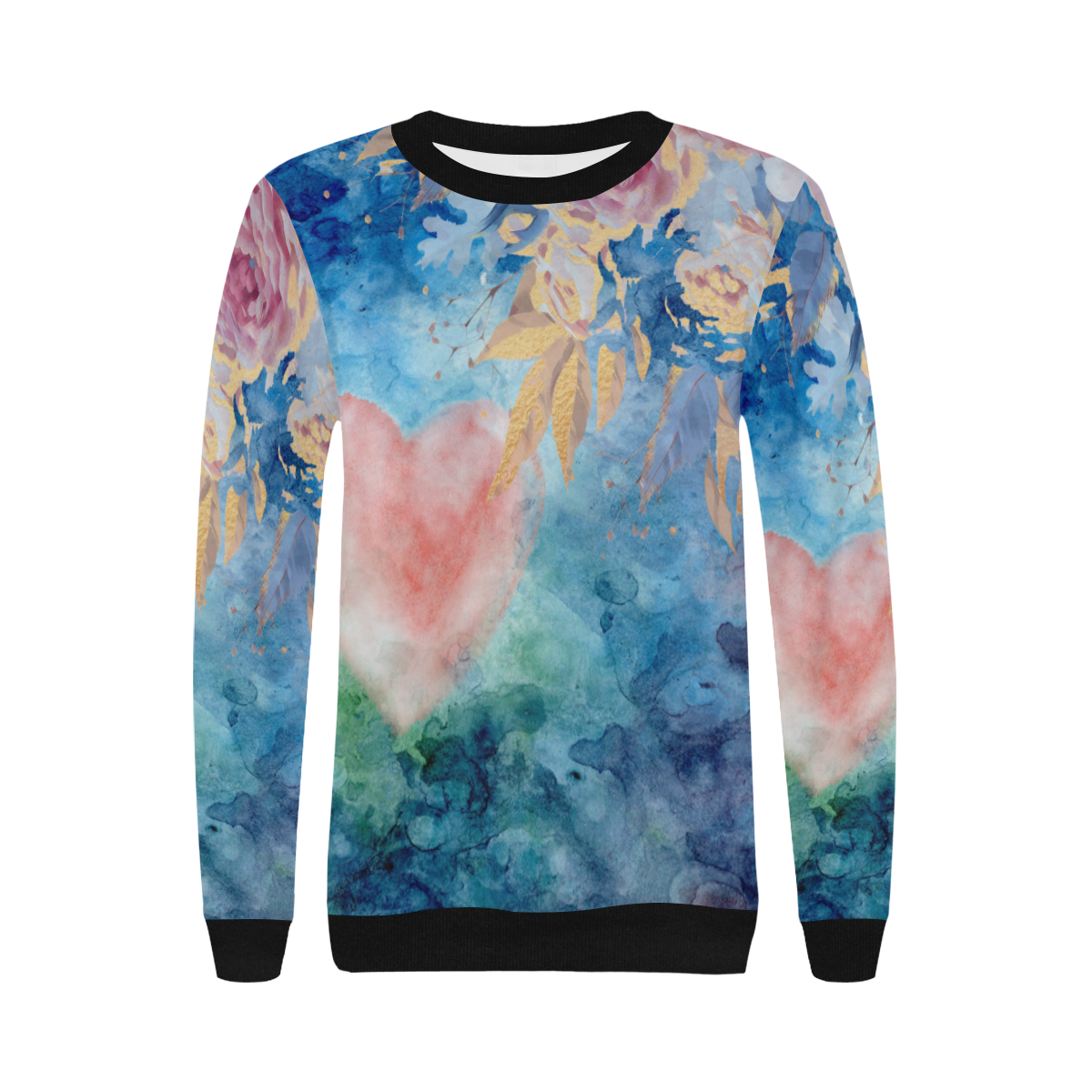 Heart and Flowers - Pink and Blue Women's Rib Cuff Crew Neck Sweatshirt (Model H34)