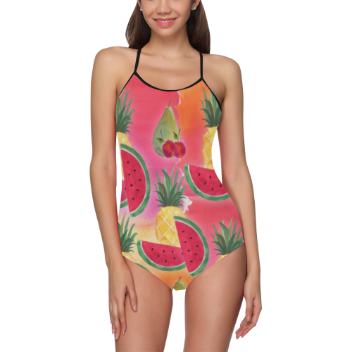 Watercolor Fruit Pineapple Watermelon Pear Cherries Strap Swimsuit ( Model S05)
