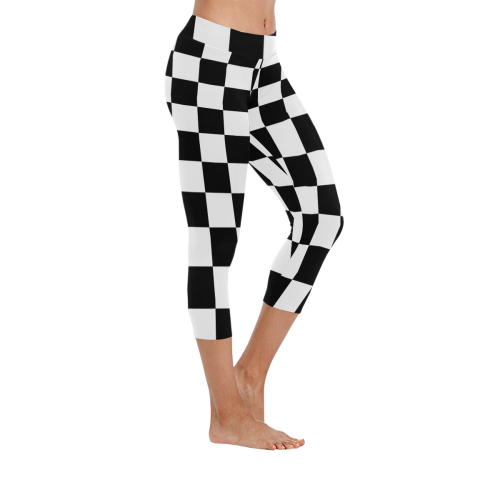 Black White Checkers Women's Low Rise Capri Leggings (Invisible Stitch) (Model L08)