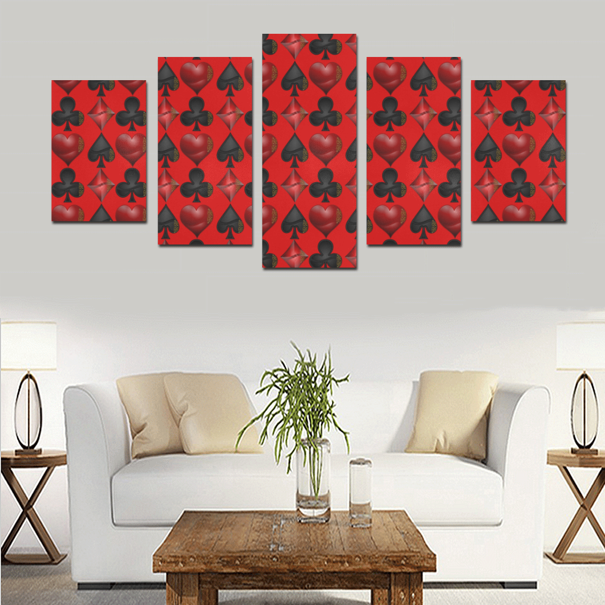 Las Vegas Black and Red Casino Poker Card Shapes on Red Canvas Print Sets D (No Frame)