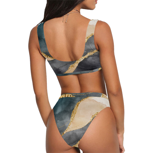 black and gold Sport Top & High-Waisted Bikini Swimsuit (Model S07)