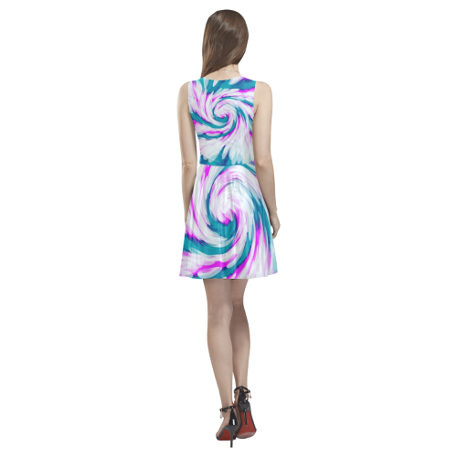 Turquoise Pink Tie Dye Swirl Abstract Thea Sleeveless Skater Dress(Model D19)