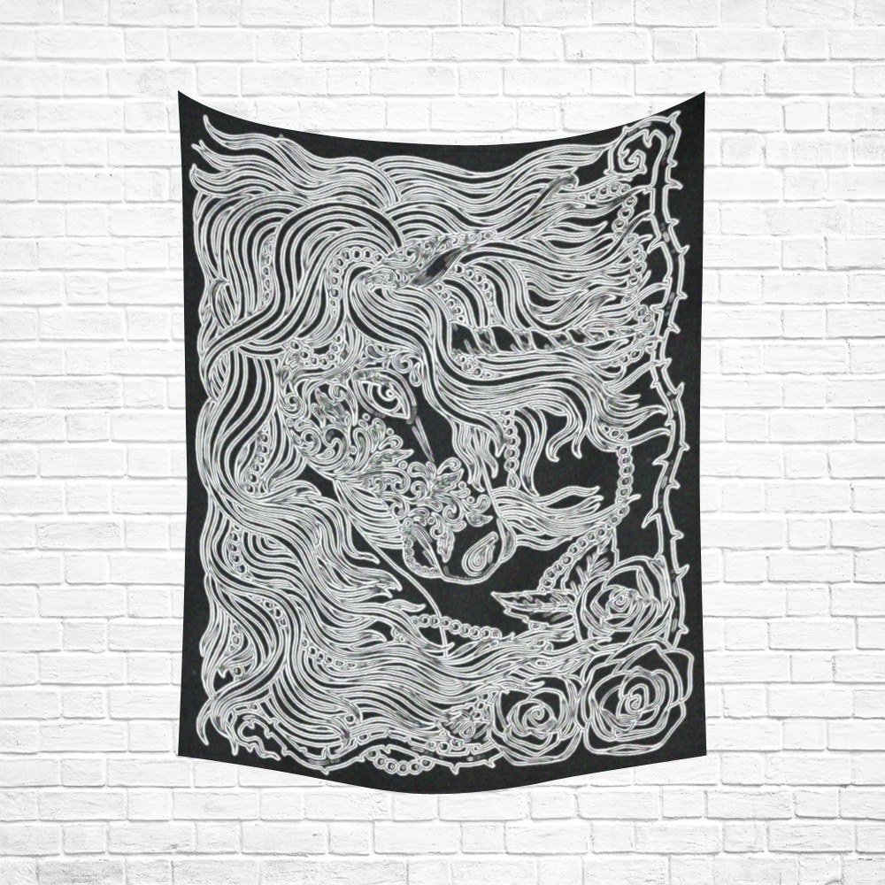 Black And White Blacklight Unicorn Fantasy Art Cotton Linen Wall Tapestry 60"x 80"