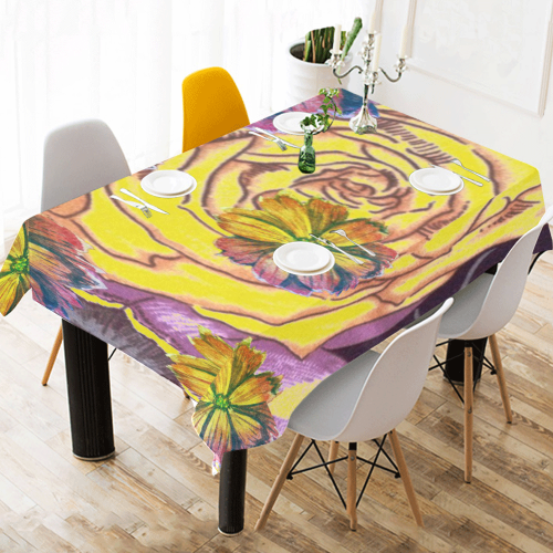 Watercolor Flowers Yellow Purple Green Cotton Linen Tablecloth 52"x 70"